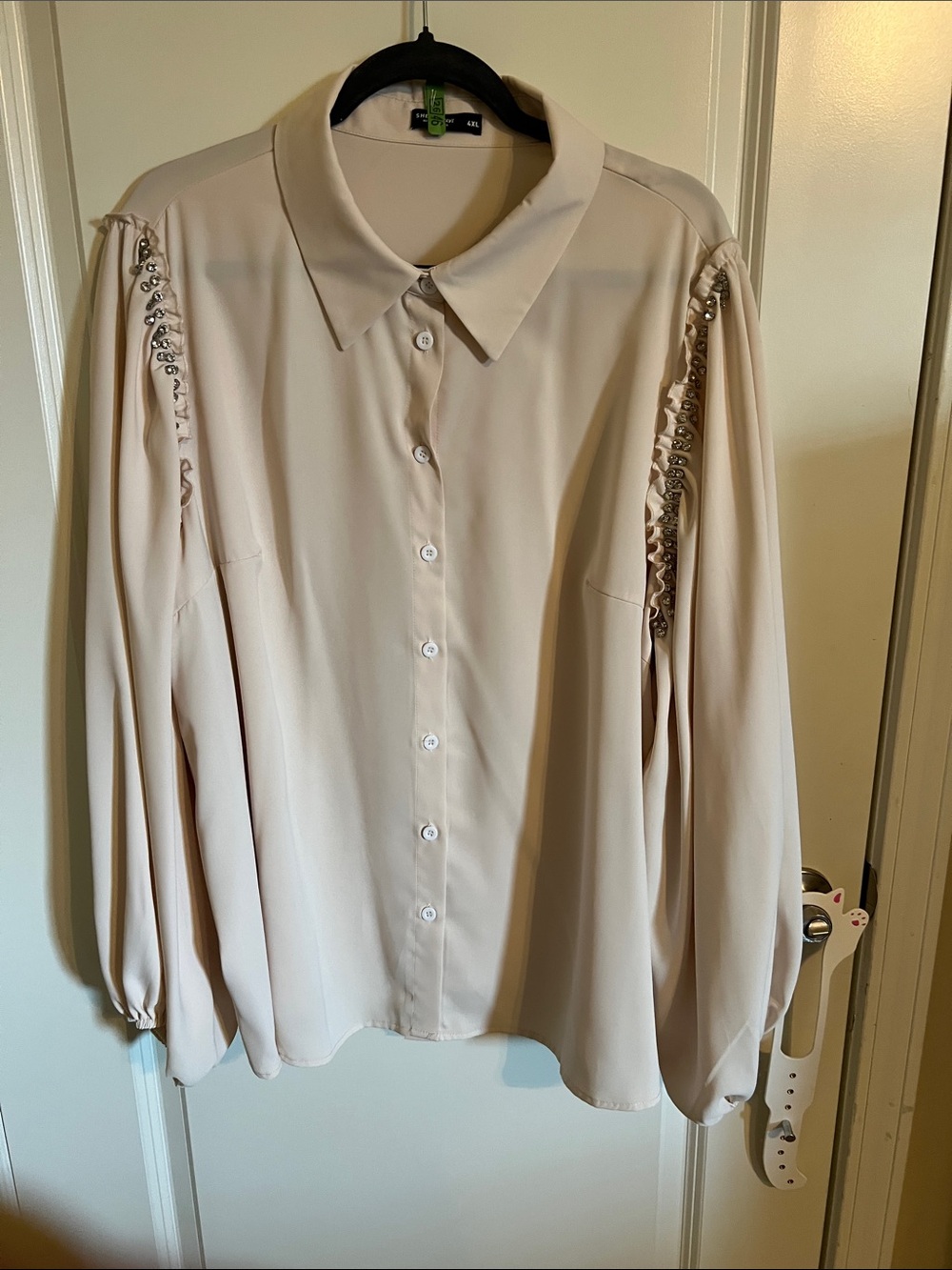 SHEIN Cream Button-Front Blouse with Embellished Shoulders
